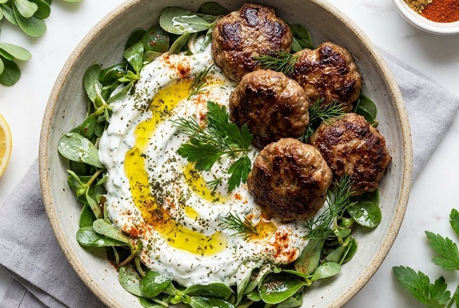 Tyrkisk portulak- & yoghurtsalat med lammeköfte, en Ketogeni keto-frokostret