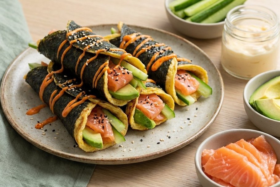 Lachs- & Avocado-Hand-Rolls ouni Räis, e Ketogeni Keto-Mëttegiessen
