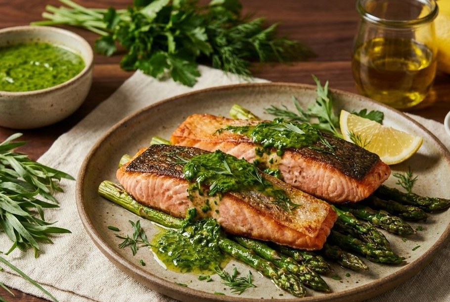 Salmon with Fines Herbes Sauce Verte & Roasted Asparagus, a Ketogeni keto dinner