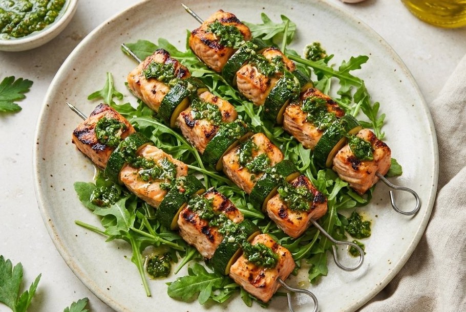 Grillede laksespyd med grøn chimichurri, en Ketogeni keto-aftensmad