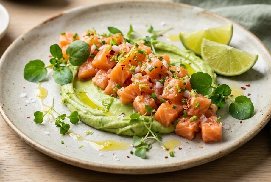 Laksetatar med avocado, agurk & lime, en Ketogeni keto-frokostret