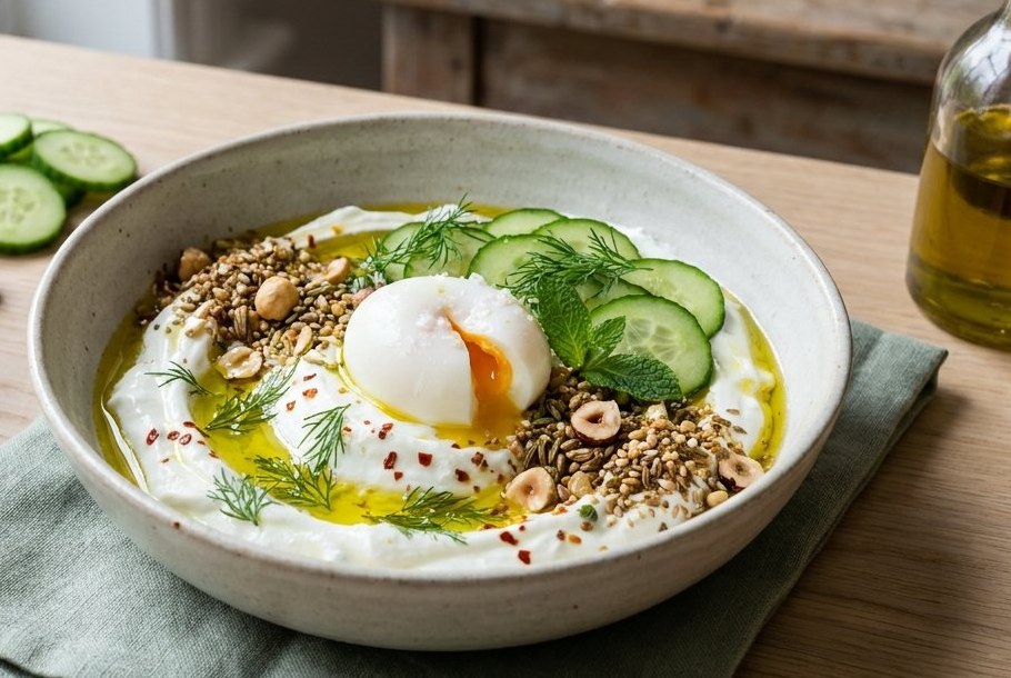 Savoury Yogurt Bowl with Dukkah, Cucumber & Olive Oil, a Ketogeni keto breakfast