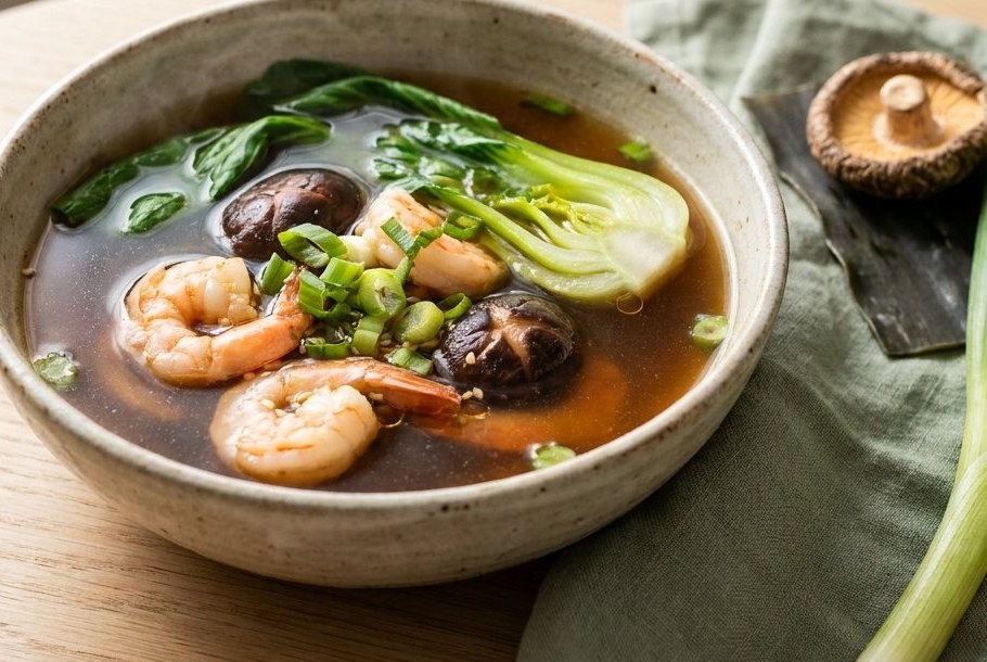 椎茸と昆布だしのスープ 海老と青梗菜添え、Ketogeniのケトスープ