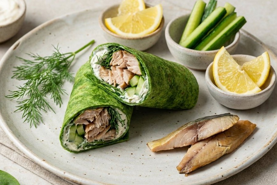 Røget makrel- og peberrodswraps med agurk, en Ketogeni keto-frokostret