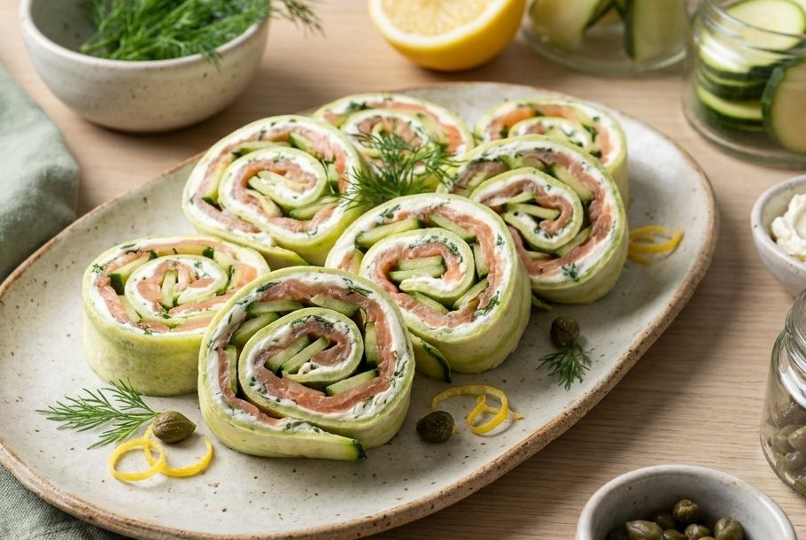 Squashwraps med røget laks, flødeost og dild, en Ketogeni keto-frokostret