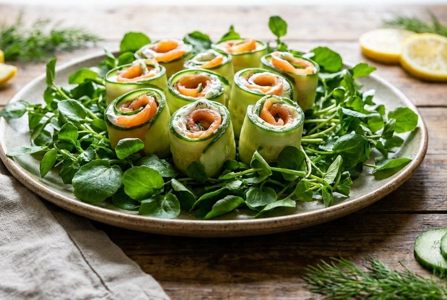 Smoked Salmon Cucumber Ribbons with Lemon-Dill Cream, a Ketogeni keto snack