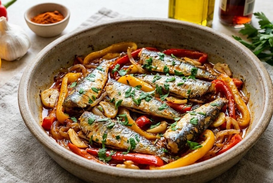 Panderistede sardiner med peberfrugt, hvidløg og røget paprika, en Ketogeni-ketoaftensmad