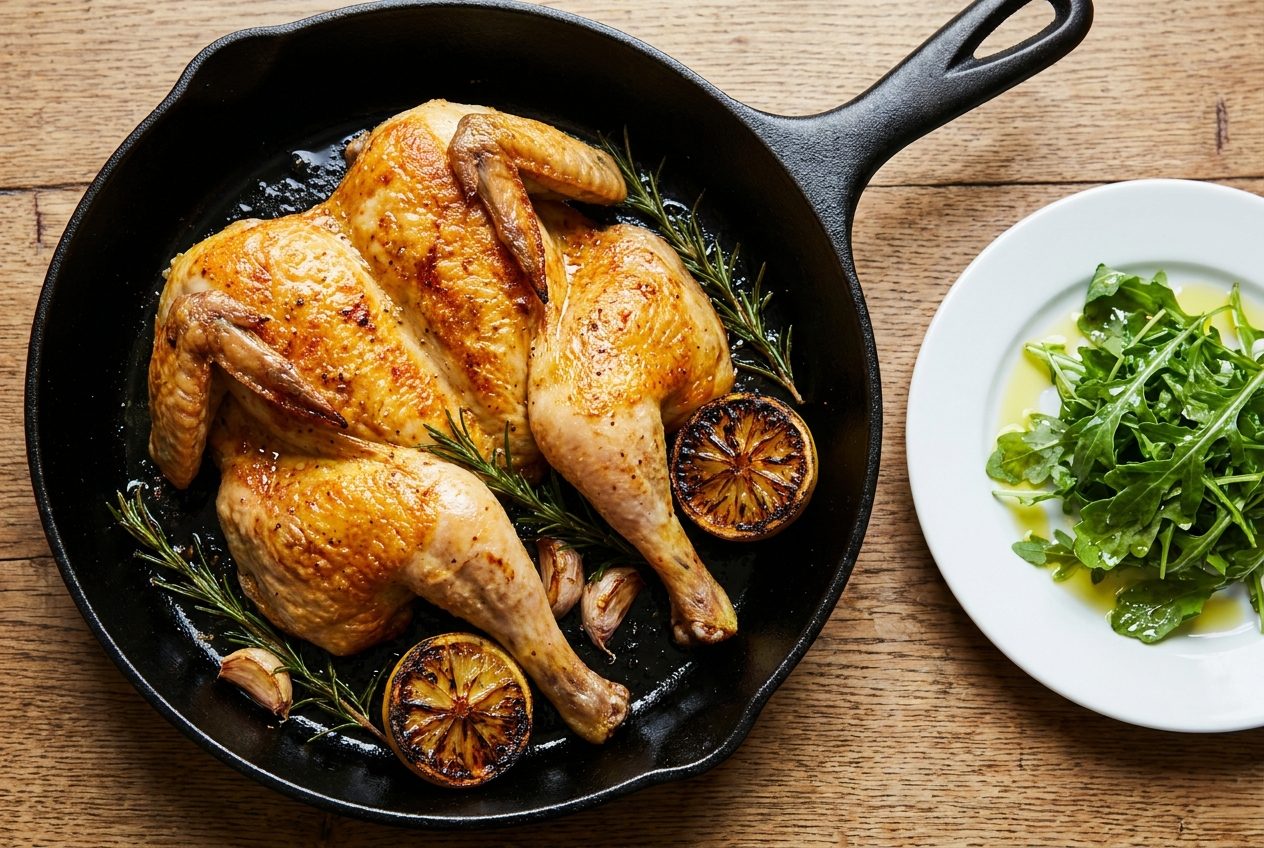 Plattgedréckt Héngchen al Mattone mat Zitroun, Knuewelek a Rosmarin, e Ketogeni Keto-Nuetsiessen