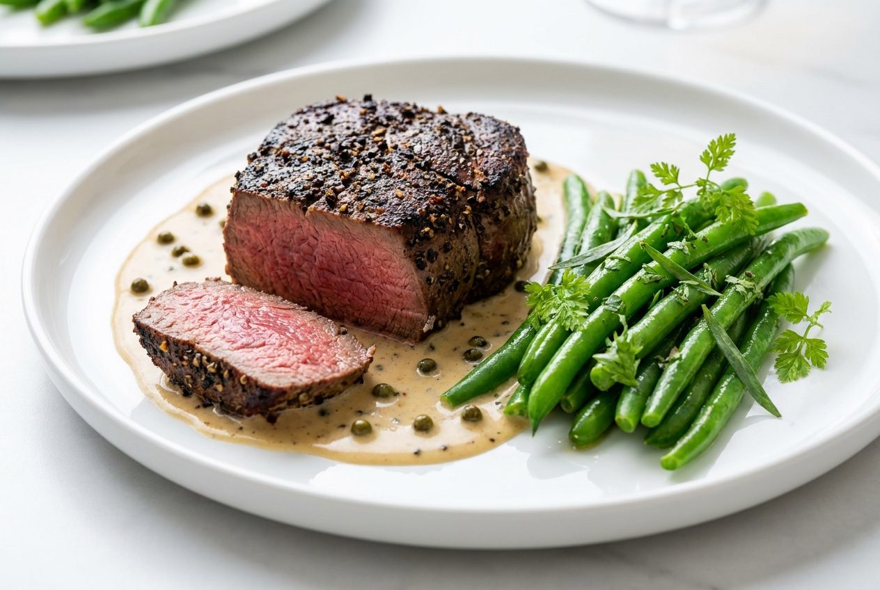 Steak au poivre med grøn peber-cognacflødesauce, en keto-aftensmad fra Ketogeni