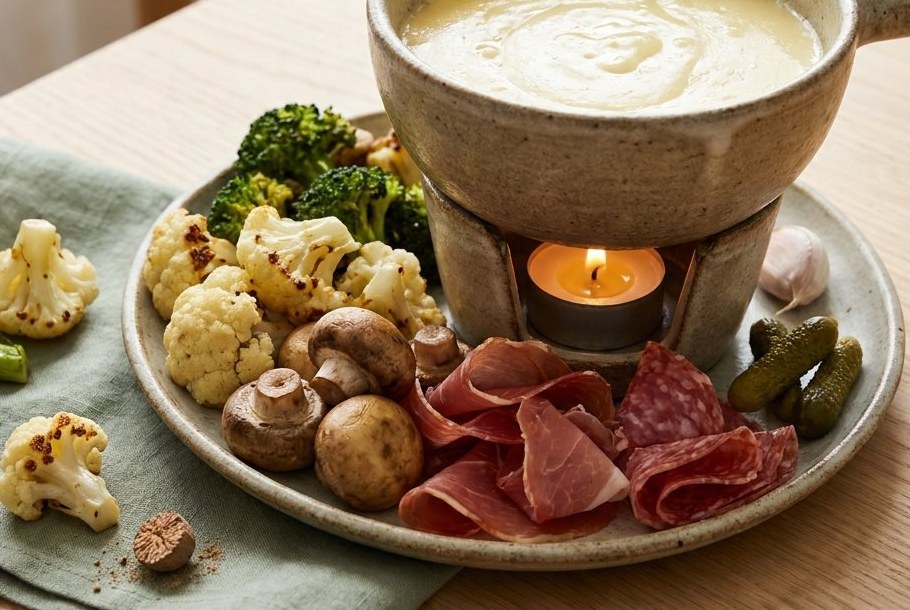 Schweizisk ostefondue med grøntsager og charcuteri, en Ketogeni keto-aftensmad