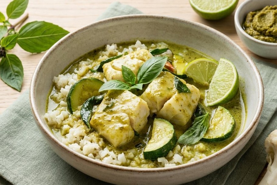 タイ風グリーンフィッシュカレー ズッキーニとバジル添え、Ketogeniのケトディナー