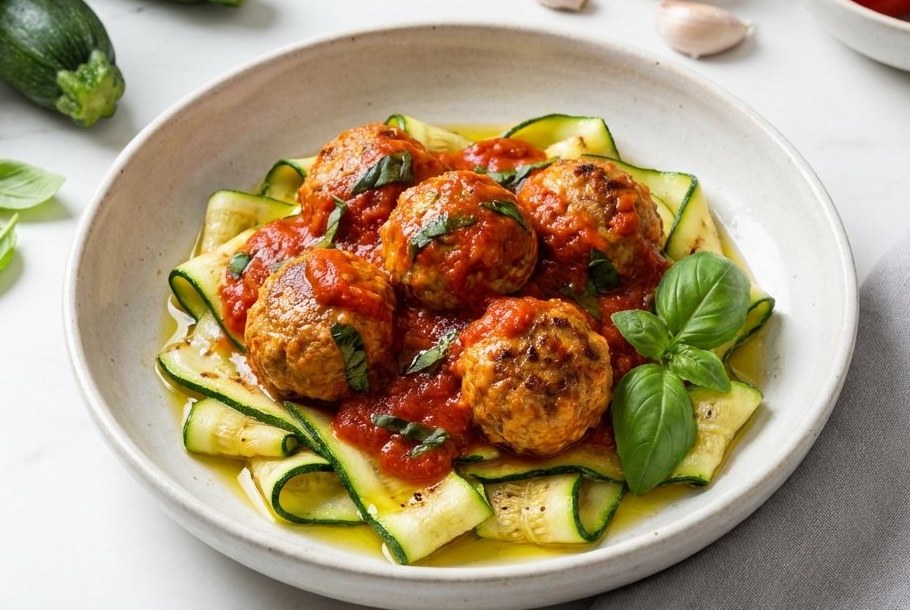 Tomat-basilikumkødboller med squashbånd, en Ketogeni keto-aftensmad