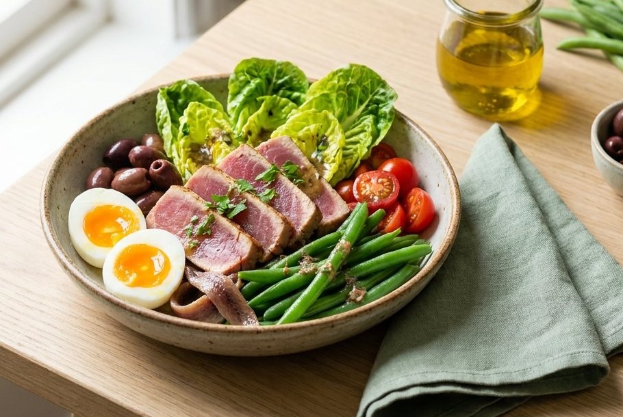 Niçoise Salad with Seared Tuna, Green Beans & Olives, a Ketogeni keto lunch dish