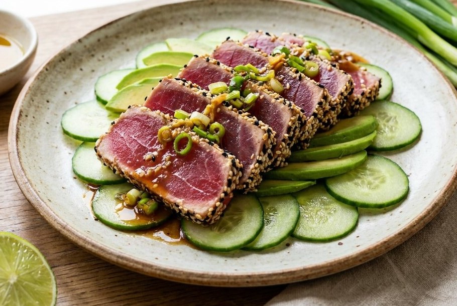 マグロのたたき ごま・生姜・きゅうり添え、Ketogeniのケトディナー