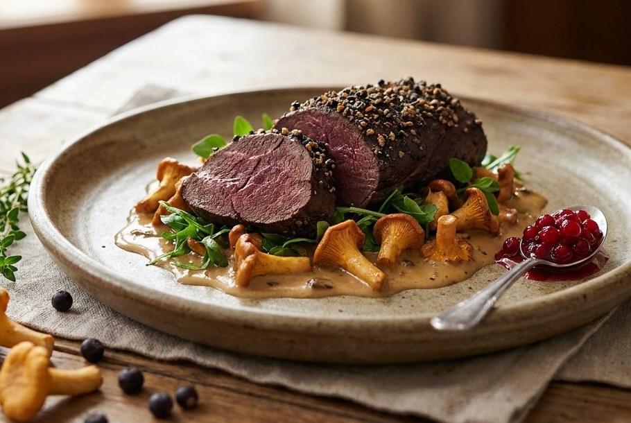 Venison with Juniper, Butter-Fried Chanterelles & Lingonberries, a Ketogeni keto dinner