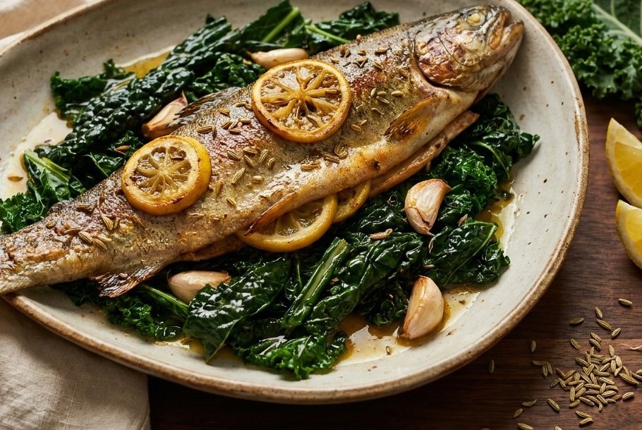 Hel ørred med citron, fennikelfrø og sauteret grønkål, en Ketogeni keto-aftensmad