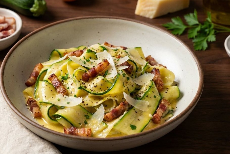 Courgetten-Bänner Carbonara, e Ketogeni Keto-Owesiessen